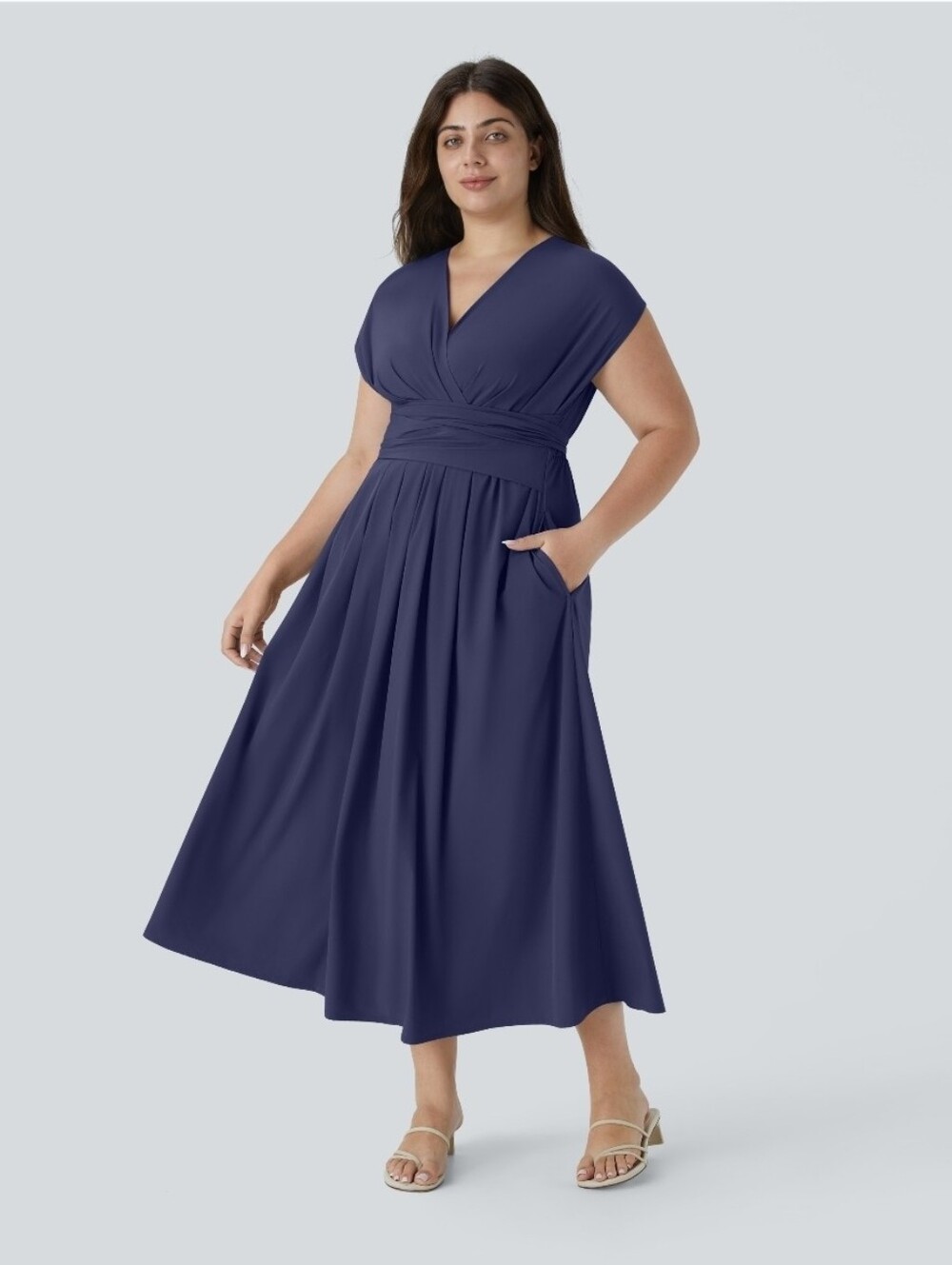 Breezeful™ V Neck Short Sleeve Pocket Tie Back Quick Dry Midi